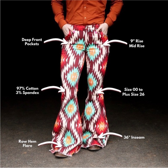 New Ranch Dressn Fallon Taylor Orange Serape Super Flares Flare Denim Jeans 00 - Picture 11 of 12